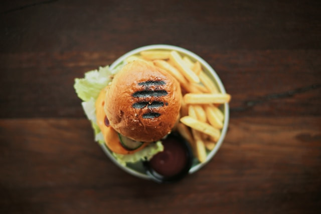 smashed burger with fries